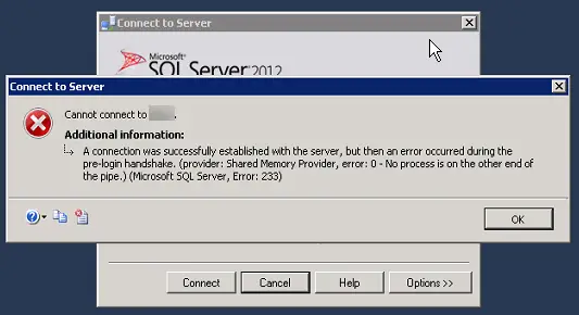 Ошибка 233 sql server с обеих концов. SQL номер ошибки: 233.