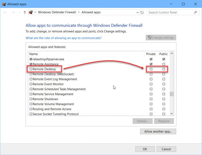 Allow Remote Desktop through the firewall private or public