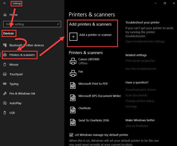 Add printers and scanners Setting in Windows 10