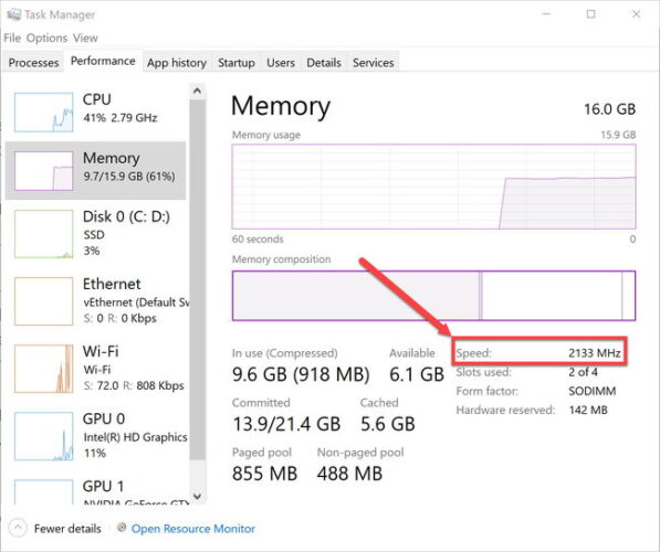 Check RAM speed in Task Manager