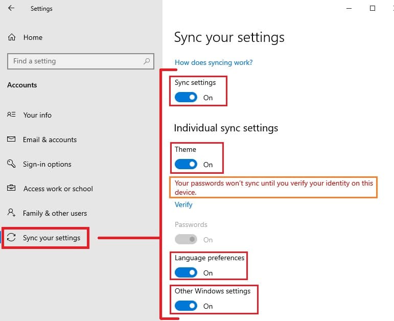 Syncing Microsoft account settings in Windows 10