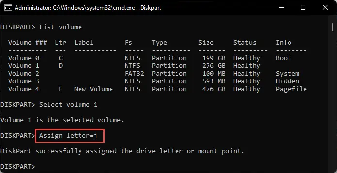 Assign a new letter to partition using Command Prompt