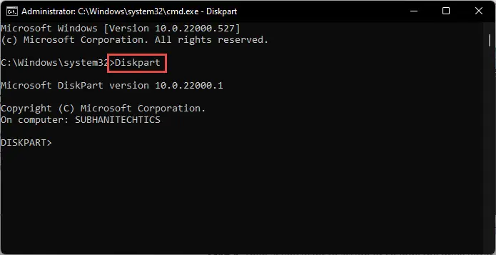 Enter the Disk Partition mode in Command Prompt