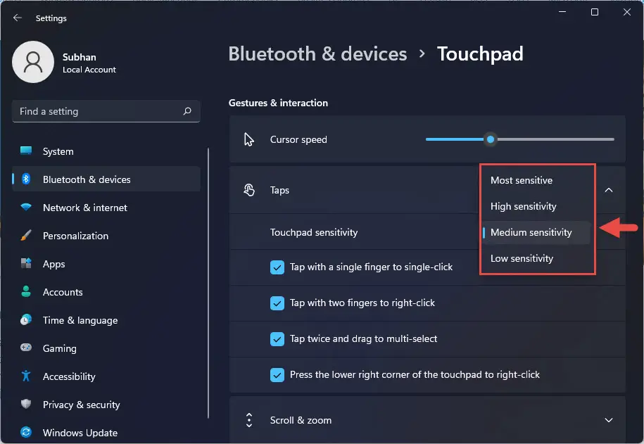 change touchpad sensitivity