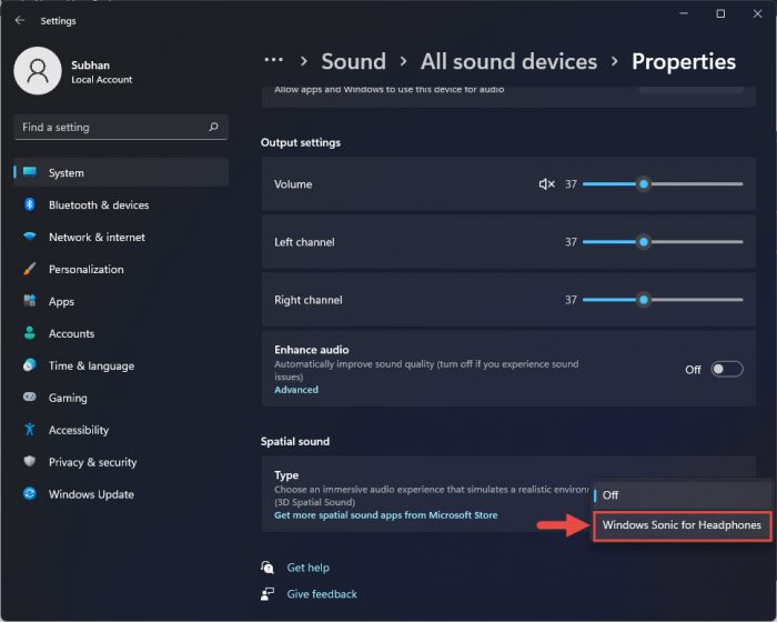 Select spatial sound type