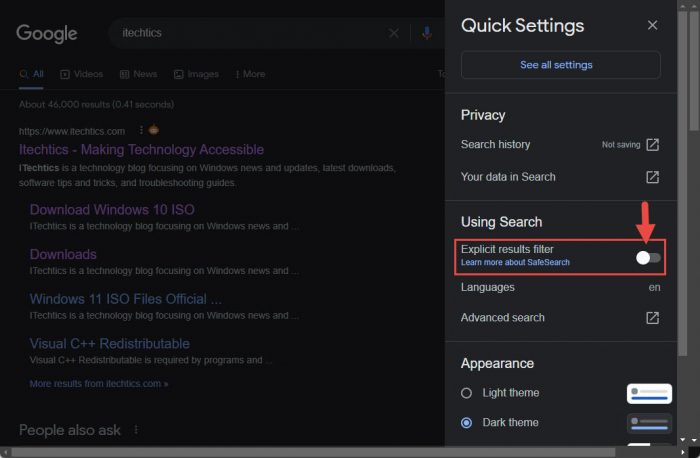 Toggle SafeSearch from Quick Settings