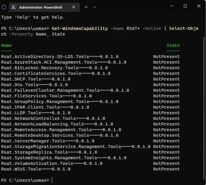 Get WindowsCapability command to list all rsat tools