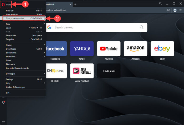 Open private window in Opera