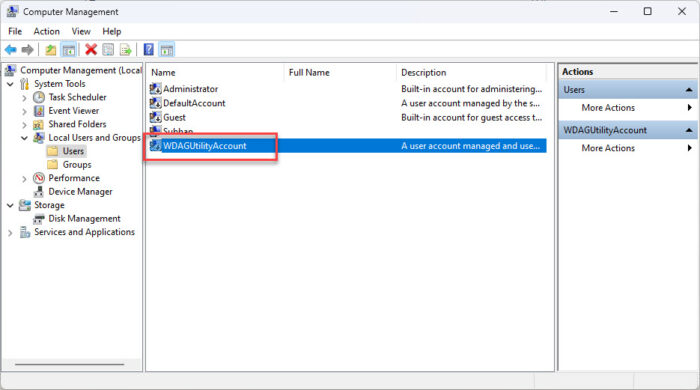 WDAGUtilityAccount in the Local Users and Groups console