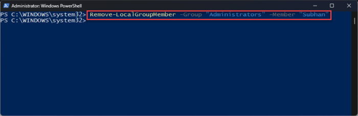 Remove user account from Administrators group using PowerShell