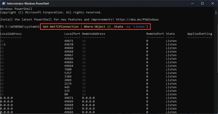 Find listening network ports using PowerShell