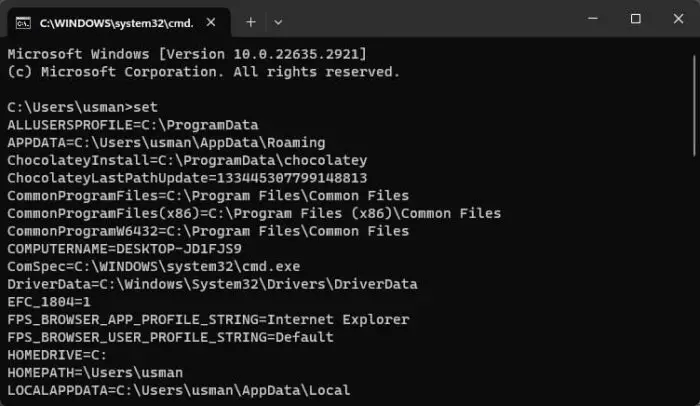 Set command to display environment variables in Windows