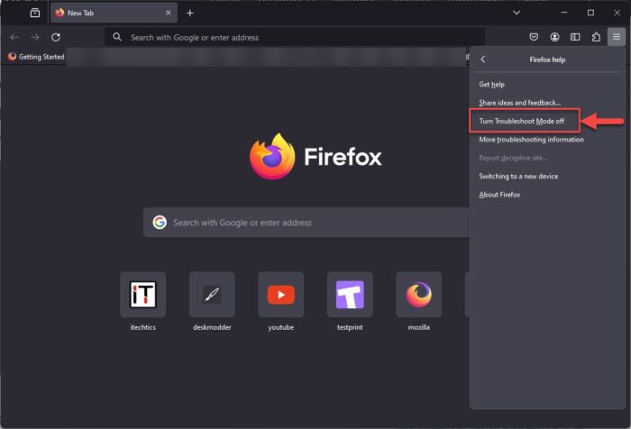 Exit Firefox Troubleshoot Mode