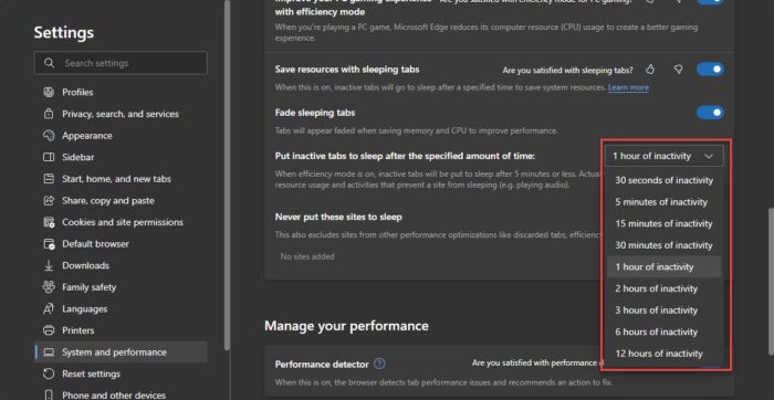 Specify the time interval for putting tabs to sleep in Edge