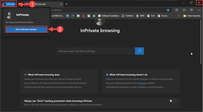 Two ways to close private browsing window in Microsoft Edge