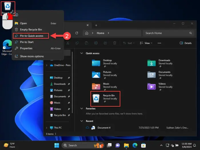 Add Recycle Bin to Quick Access on Home page in Explorer