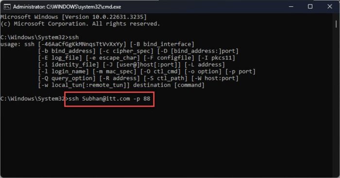 Connect to remote PC using SSH using specific port