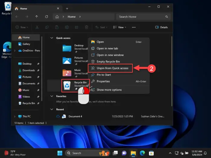 Remove Recycle Bin from Quick Access