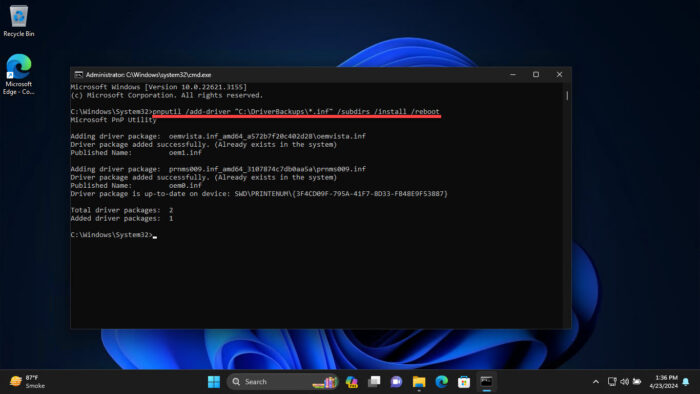 Restore all Windows drivers using the Command Prompt