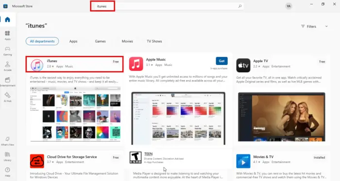 Search for iTunes in Microsoft Store