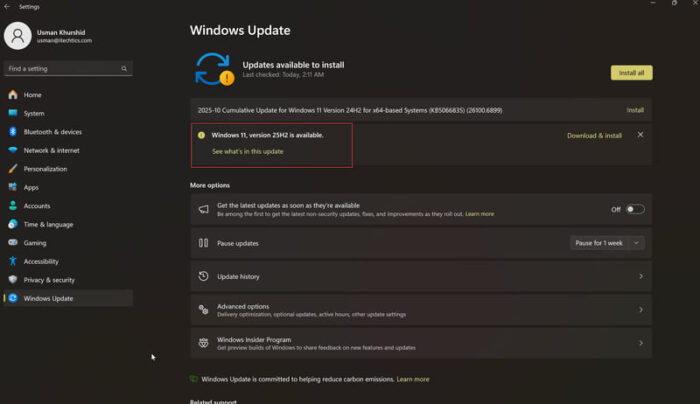 Windows 11 25H2 Available in Windows Update